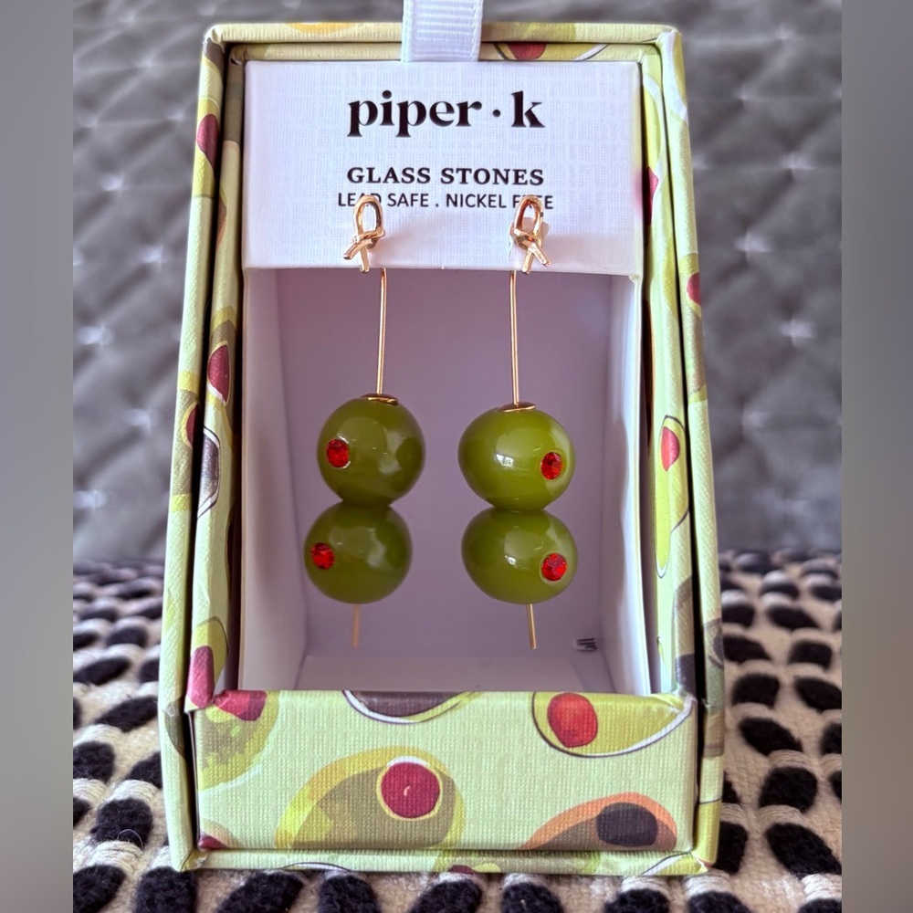Piper K Green Glass Martini Olive Earrings NIB